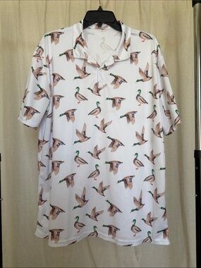 Men's White Polo Shirt with Mallard Duck Print